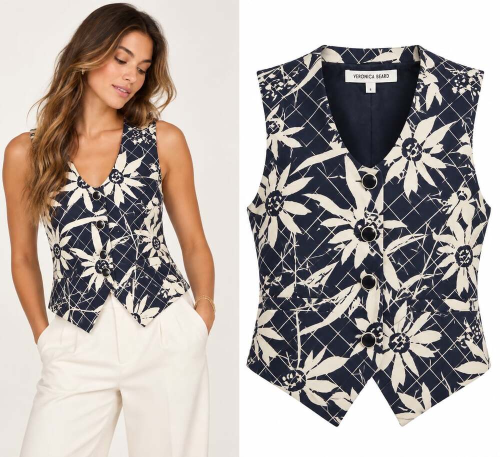 Veronica Beard Lois Vest Size 8 Navy Dove Floral Grid